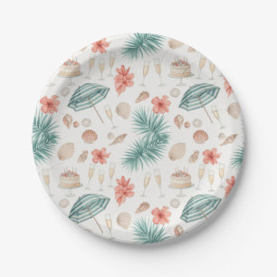 Tropical Birthday Palm Leaves & Champagne Glasses Paper Plate