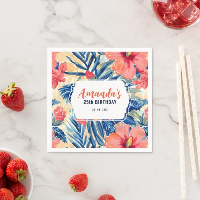 Tropical Birthday Party Hibiscus Floral Pattern Napkin (Insitu)