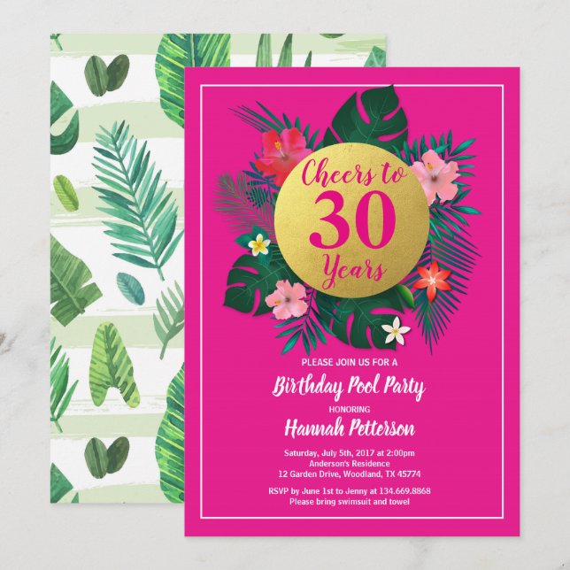 Tropical birthday party invitation hot pink gold (Front/Back)