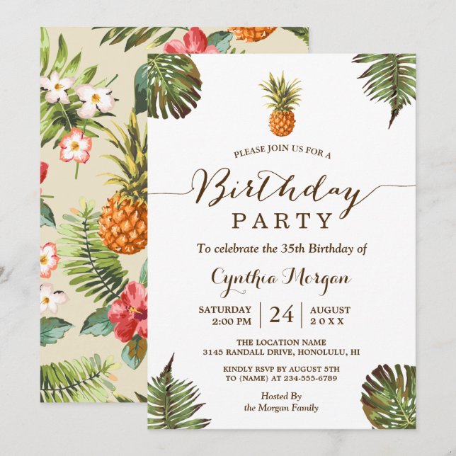 Tropical Birthday Party -  Summer Pineapple Leaves Invitation (Front/Back)