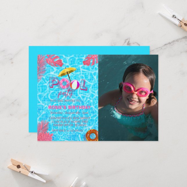 Tropical  Birthday Pool Party Invitation (Front/Back In Situ)