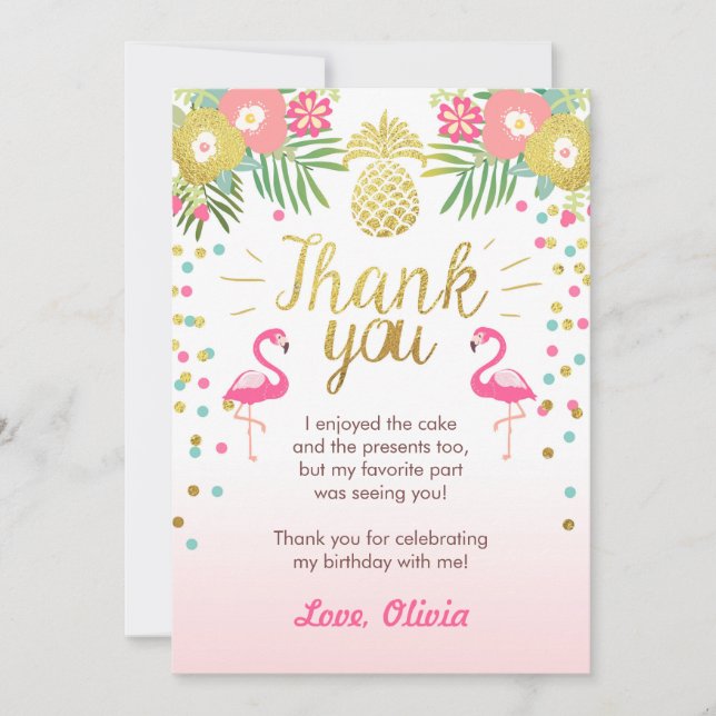 Tropical Birthday Thank You Card Luau Flamingo (Front)