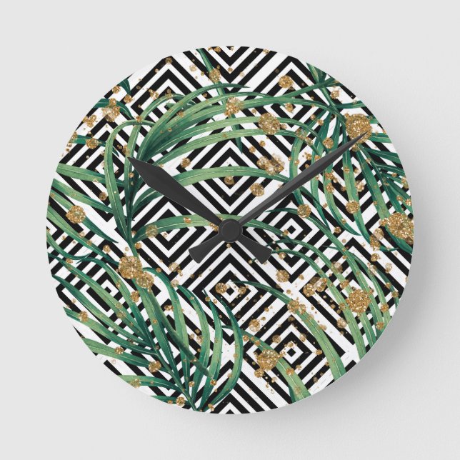 Tropical black and white geometry gold glitter round clock (Front)