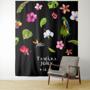 Tropical Black Floral Pink Photo Booth Backdrop Tapestry