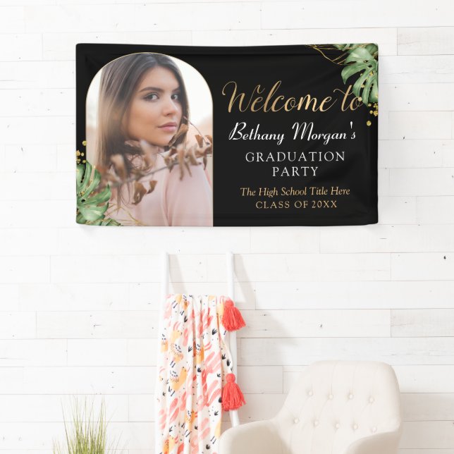 Tropical Black Gold Arch Photo Graduation Welcome Banner (Insitu)