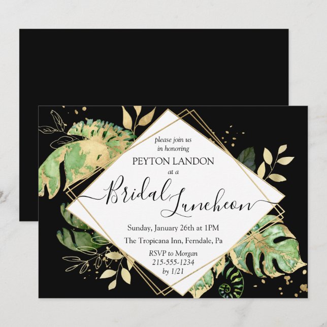 Tropical Black & Gold Bridal Luncheon Shower Invitation (Front/Back)