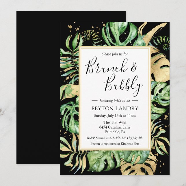 Tropical Black Gold Brunch Bubbly Bridal Shower Invitation (Front/Back)
