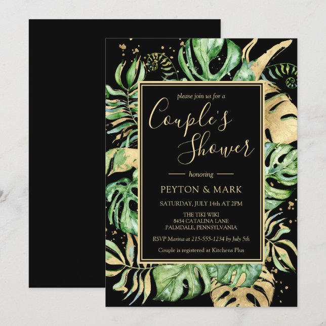 Tropical Black & Gold Couple's Wedding Shower Invitation (Front/Back)