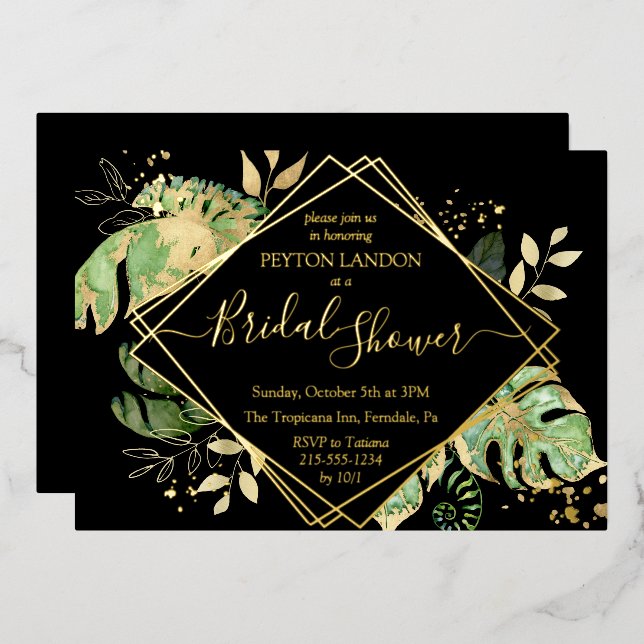 Tropical Black & Gold Elegant Bridal Shower (Front/Back)