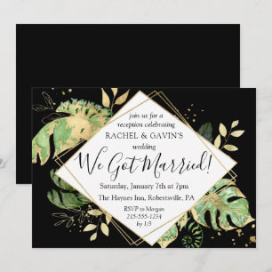Tropical Black & Gold Elopement Wedding Reception Invitation