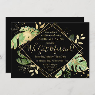 Tropical Black & Gold Elopement Wedding Reception Invitation