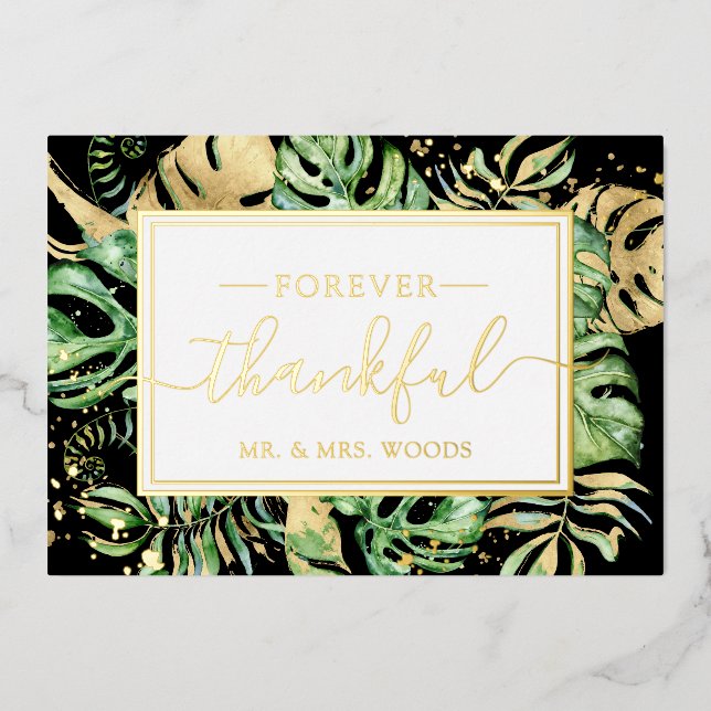 Tropical Black & Gold Foil Wedding Thank You Card (Front)