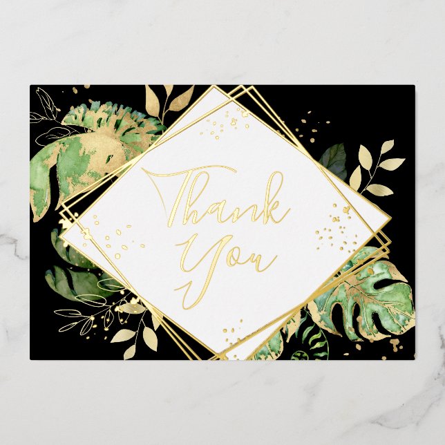 Tropical Black & Gold Geometric Thank You Card (Front)