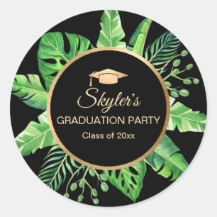 Tropical Black Gold Graduation Party Classic Round Sticker