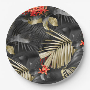 Tropical Black & Gold Leave and Red Flowers Paper Plate