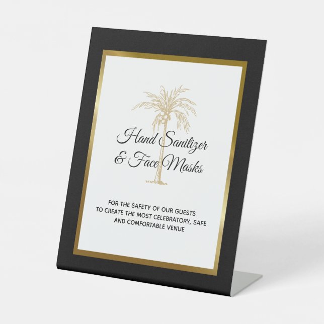 Tropical Black Gold Palm Tree Wedding Sanitation Pedestal Sign (Front)