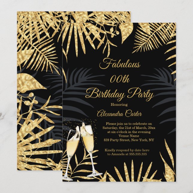 Tropical Black Gold Palms Champagne Birthday Party Invitation (Front/Back)