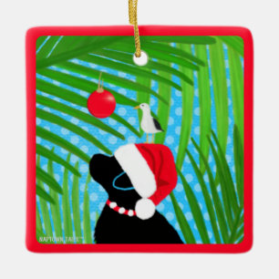 Tropical Black Lab Santa Dog Christmas Ornament
