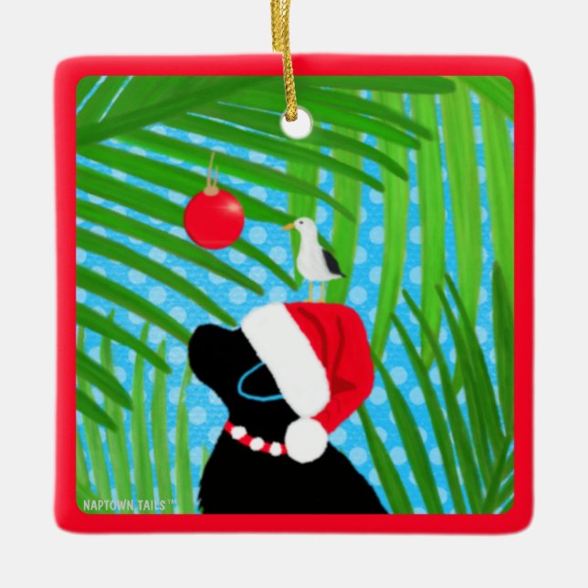 Tropical Black Lab Santa Dog Christmas Ornament (Front)
