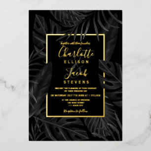 Tropical black leaf watercolor gold script wedding