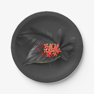 Tropical Black Leaves & Red Flowers Paper Plate