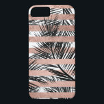 Tropical black palm trees chic rose gold stripes iPhone 8/7 case<br><div class="desc">A stylish,  modern and tropical design with simple black palm tree leaves with chic,  elegant and luxurious faux rose gold foil stripes pattern,  The white colour background is fully customisable</div>