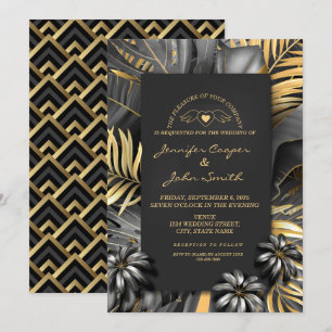 Tropical Black Silver and Gold Palm Leaves Wedding Invitation