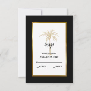 Tropical Black White Gold Palm Tree Modern Wedding RSVP Card
