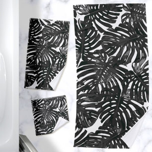 Tropical Black White Monstera Jungle Leaves Bath Towel Set