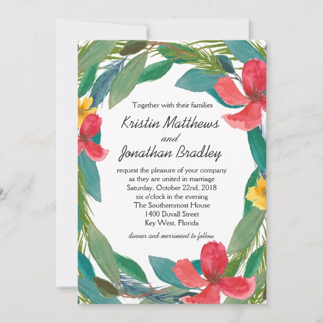 Tropical Bliss Watercolor Floral Wedding Invitation (Front)