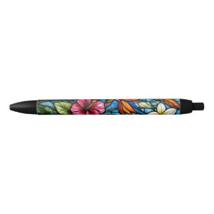 Tropical Bloom in Stained Glass Vibrant Floral  Black Ink Pen