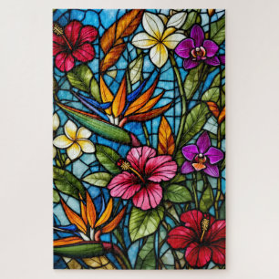 Tropical Bloom in Stained Glass Vibrant Floral  Jigsaw Puzzle