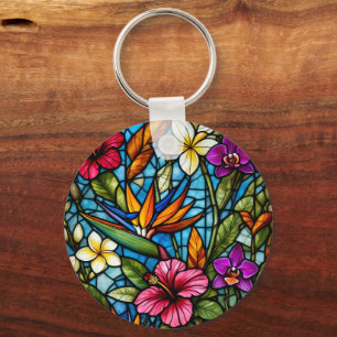 Tropical Bloom in Stained Glass Vibrant Floral Key Ring