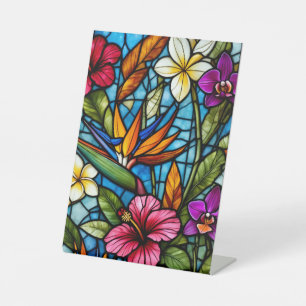 Tropical Bloom in Stained Glass Vibrant Floral Pedestal Sign