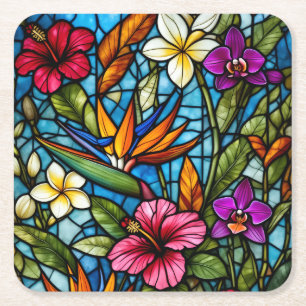 Tropical Bloom in Stained Glass Vibrant Floral Square Paper Coaster