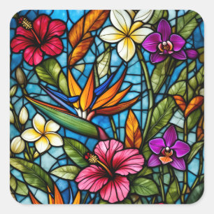 Tropical Bloom in Stained Glass Vibrant Floral Square Sticker