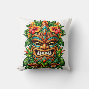 Tropical Bloom Tiki Mask Throw Pillow