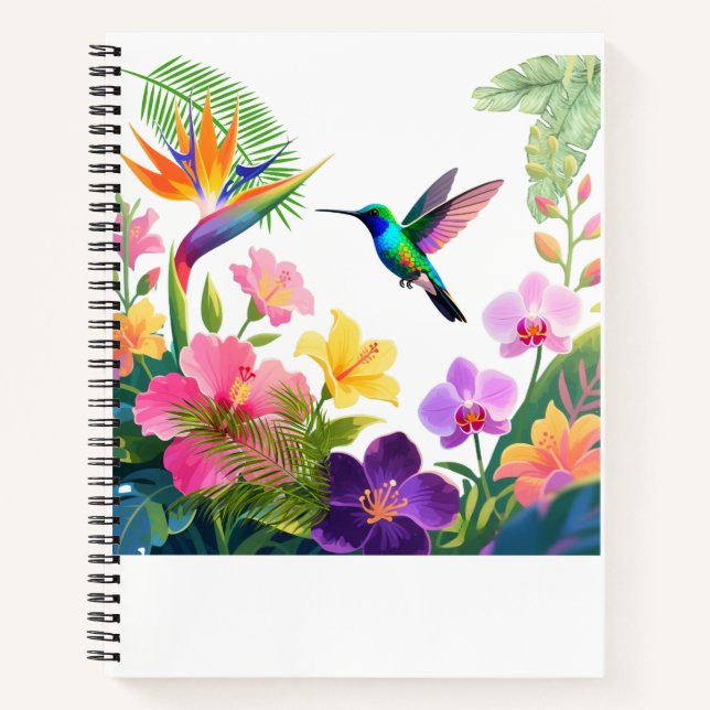 Tropical Blooms Watercolor Hummingbird Design Notebook (Front)