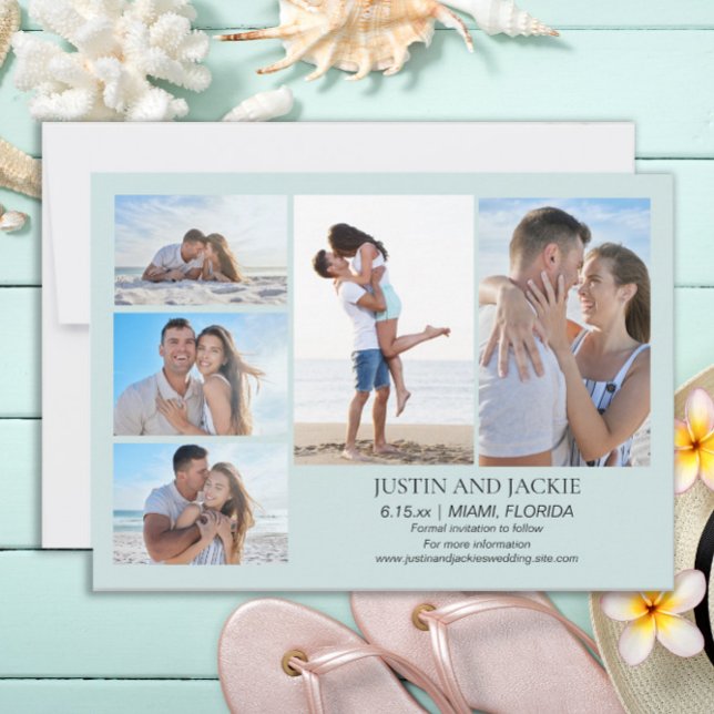 Tropical Blue 5 Photo Wedding Save Date    Save The Date (Tropical beach blue wedding photo Save the Date card)
