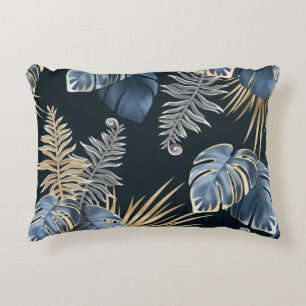 Tropical Blue and Gold Leaves Design Decorative Cushion