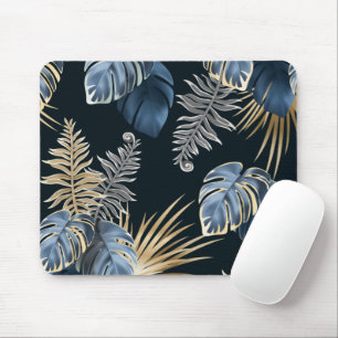 Tropical Blue and Gold Leaves Design Mouse Mat