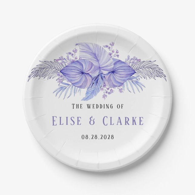 Tropical Blue and Purple Palm Leaves Wedding Paper Plate (Front)