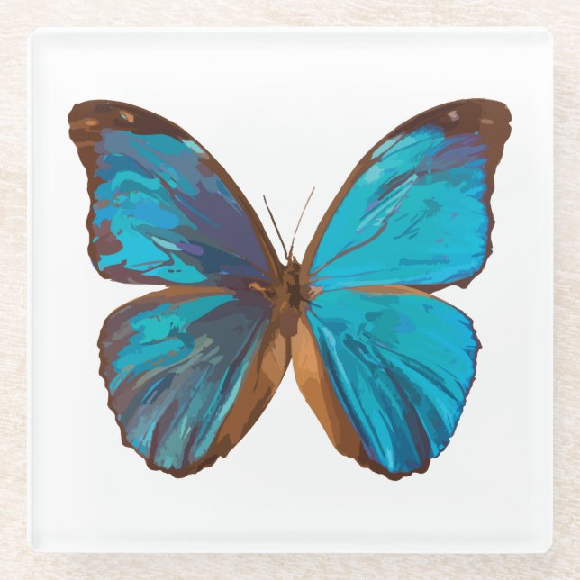 Tropical Blue and Turquoise Gem Coloured Butterfly Glass Coaster (Front)