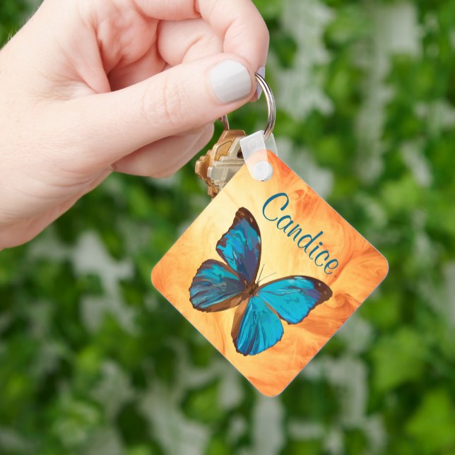 Tropical Blue and Turquoise Gem Coloured Butterfly Key Ring (Hand)