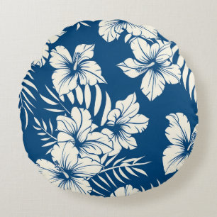 Tropical Blue and White Floral Round Pillow
