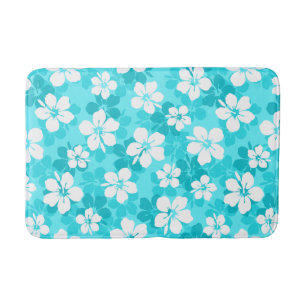 Tropical Blue and White Hibiscus Flower Pattern Bath Mat