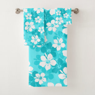 Tropical Blue and White Hibiscus Flower Pattern Bath Towel Set
