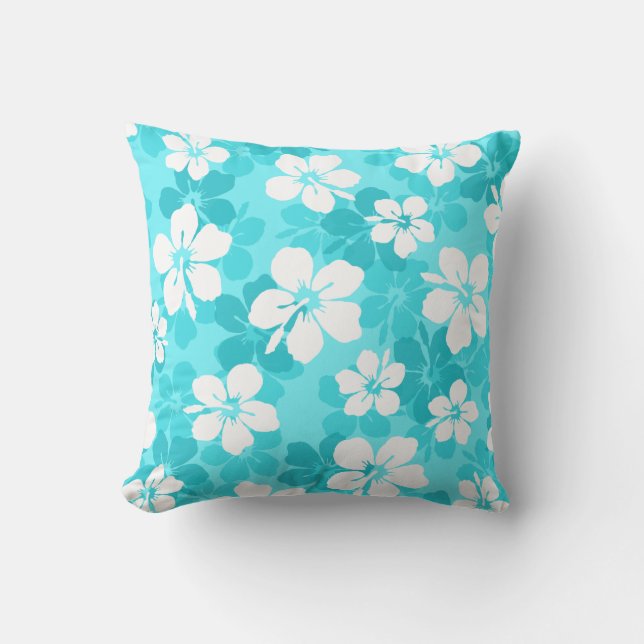 Tropical Blue and White Hibiscus Flower Pattern Cushion (Front)