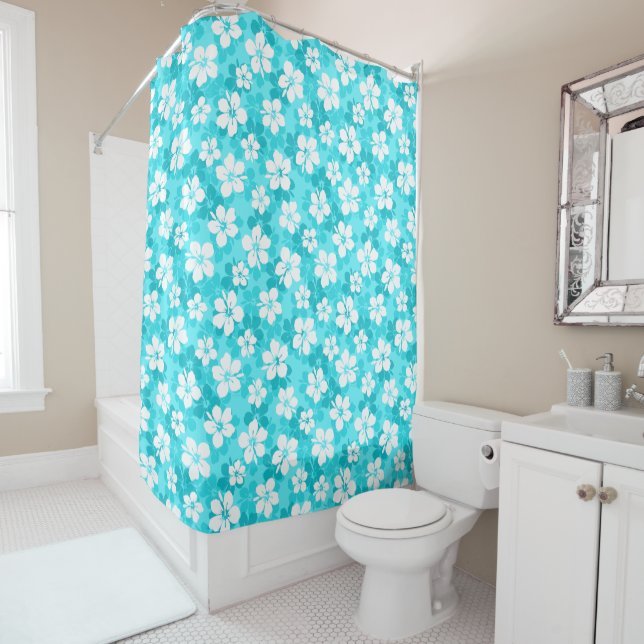 Tropical Blue and White Hibiscus Flower Pattern Shower Curtain (In Situ)