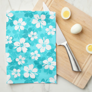 Tropical Blue and White Hibiscus Flower Pattern Tea Towel
